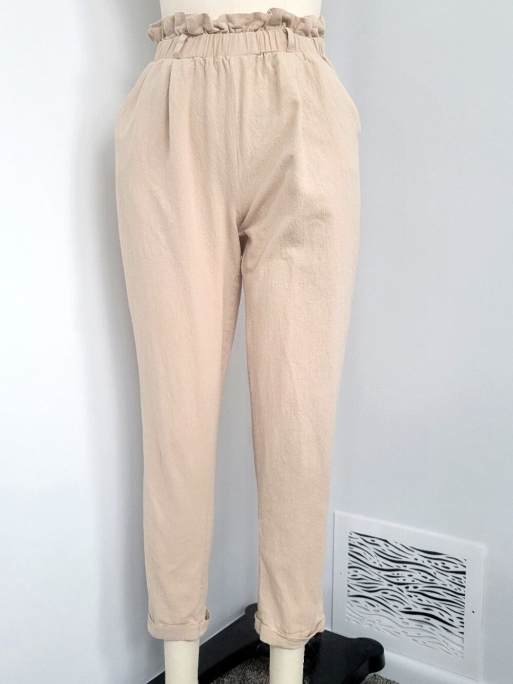 Favlux Tan Textured High Waisted Paperbag Waist Cotton Cropped Ankle Pants Boho